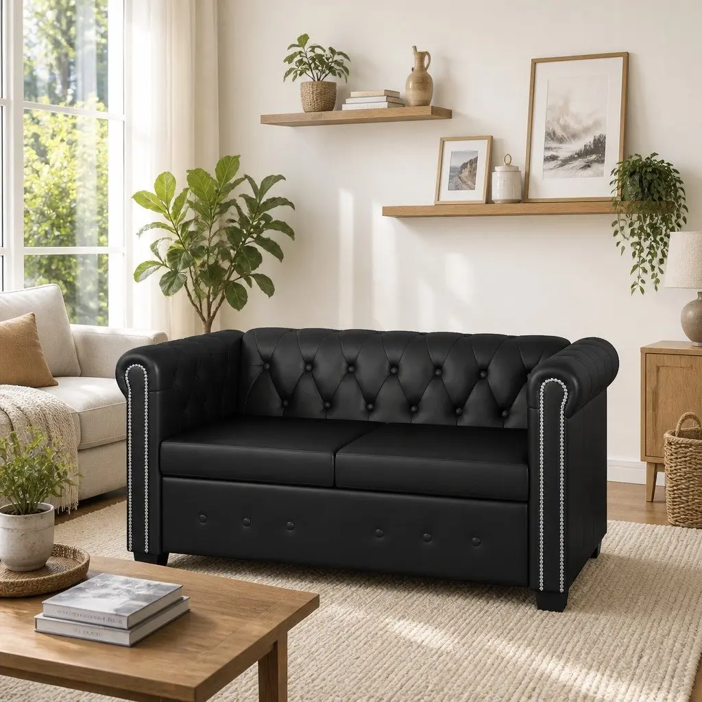 2-Seater Chesterfield Sofa Black Tufted Studded Curved Arms Artificial Leather