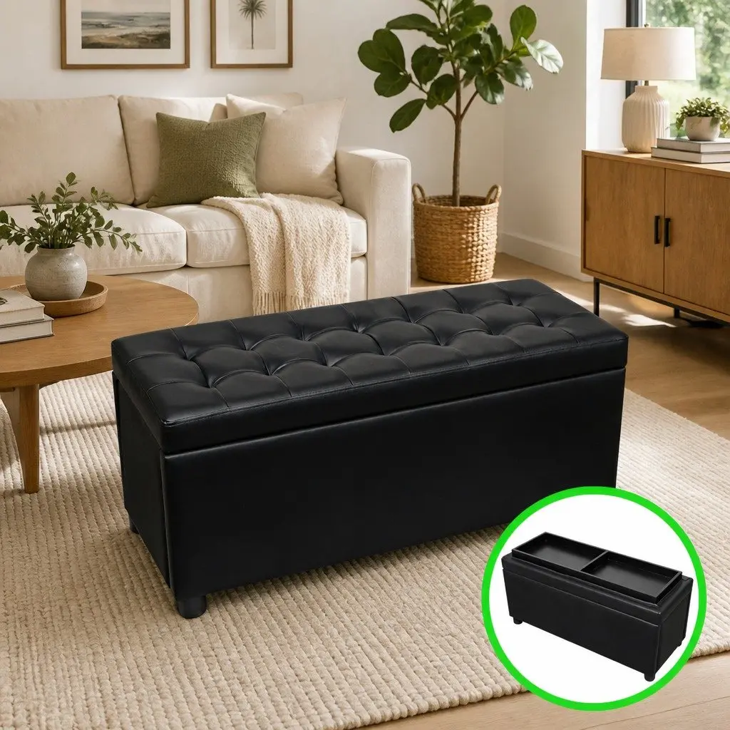 Storage Ottoman Black Faux Leather Footstool Coffee Table Extra Seating Bench