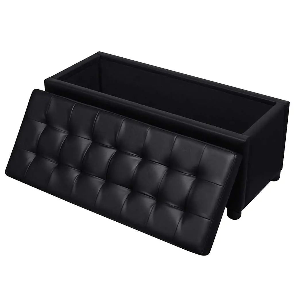 Storage Ottoman Black Faux Leather Footstool Coffee Table Extra Seating Bench