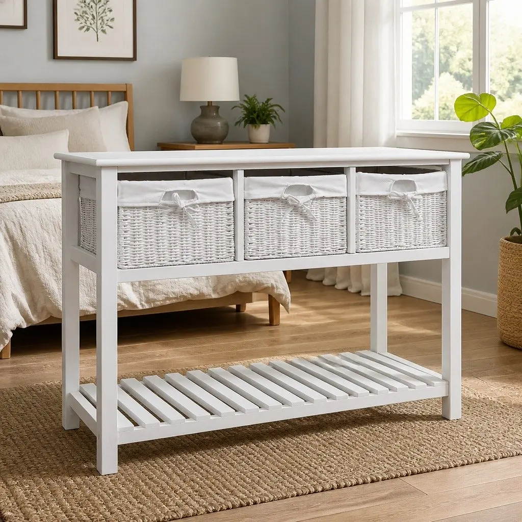White Storage Sideboard for Bedroom Hallway Bathroom with Three Woven Baskets