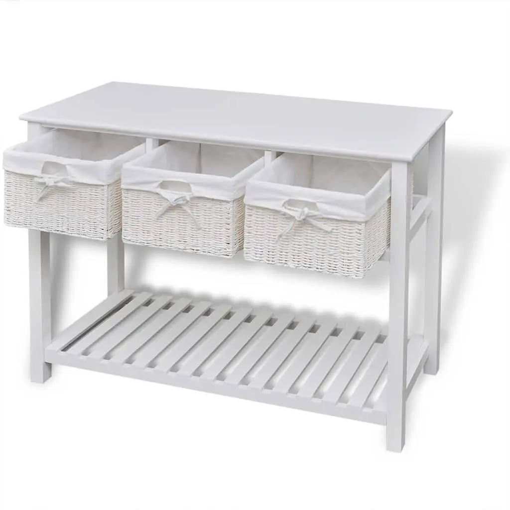 White Storage Sideboard for Bedroom Hallway Bathroom with Three Woven Baskets