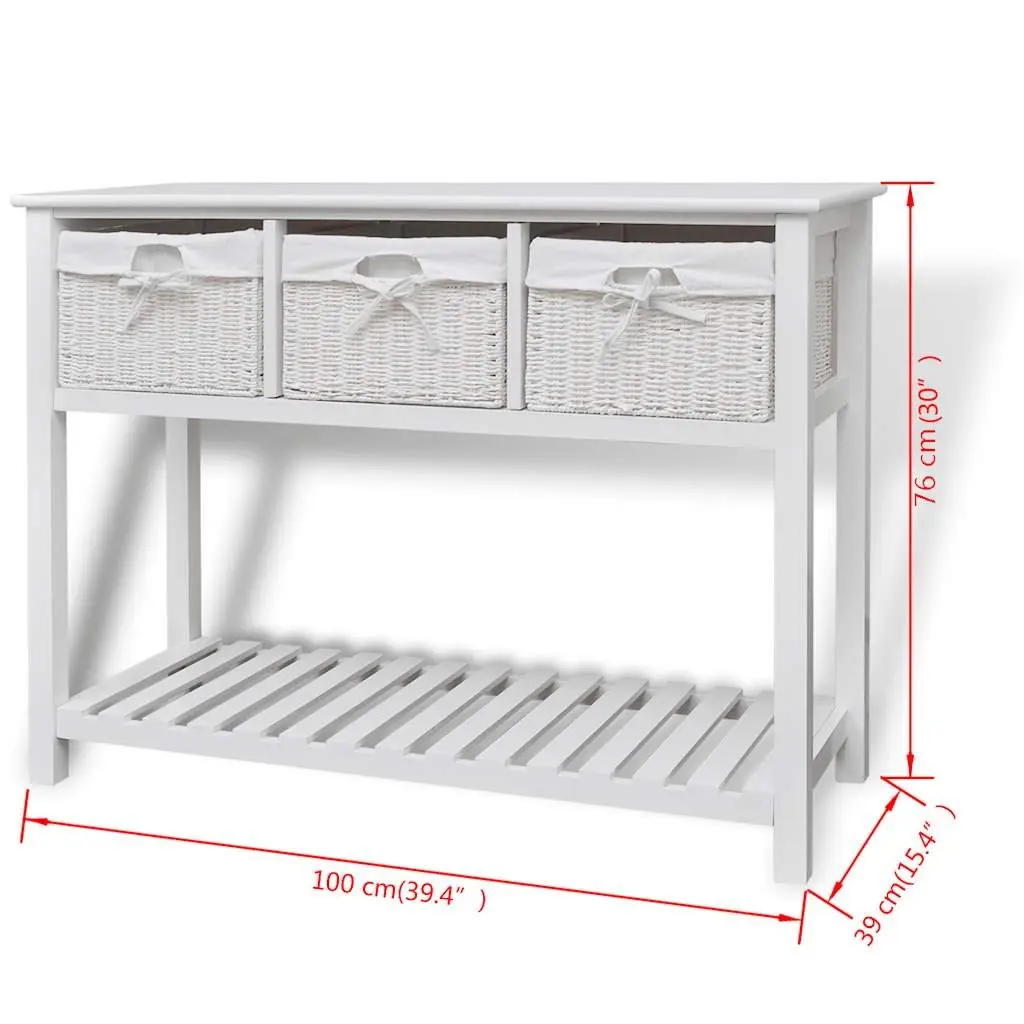 White Storage Sideboard for Bedroom Hallway Bathroom with Three Woven Baskets