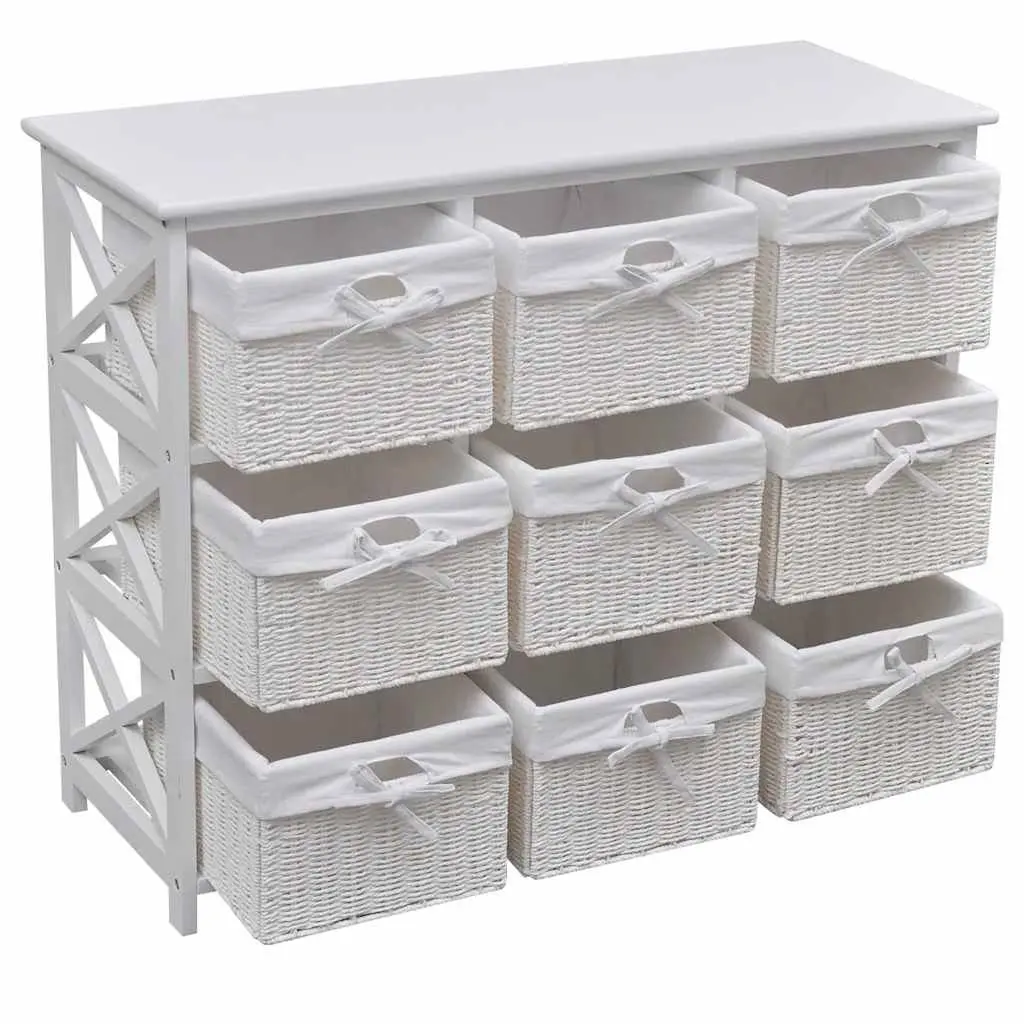 Storage Cabinet with 9 Woven Baskets White Organizer Unit Bedroom Living Room