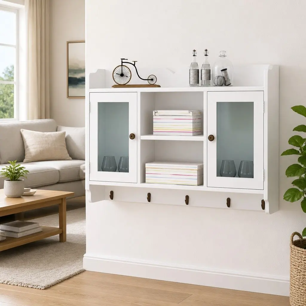 Wall Display Cabinet for Home White MDF with Glass Doors 2 Door