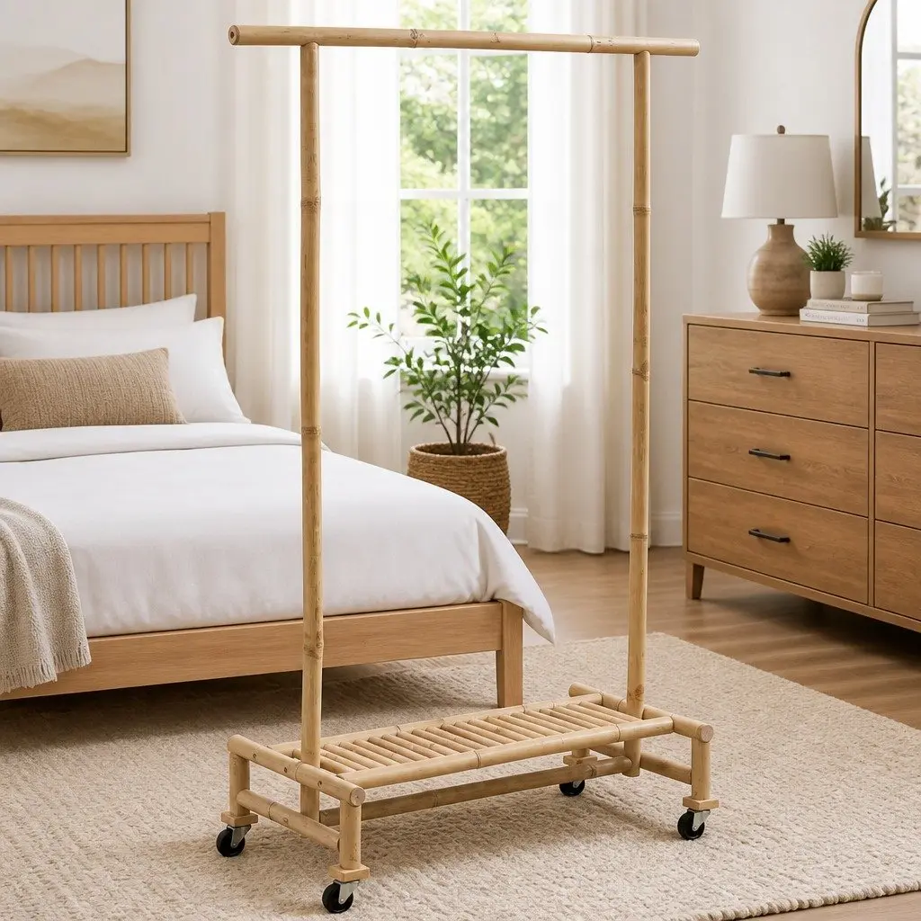 Bamboo Clothes Rack Garment Storage Organiser with Shelf for Home Use Brown