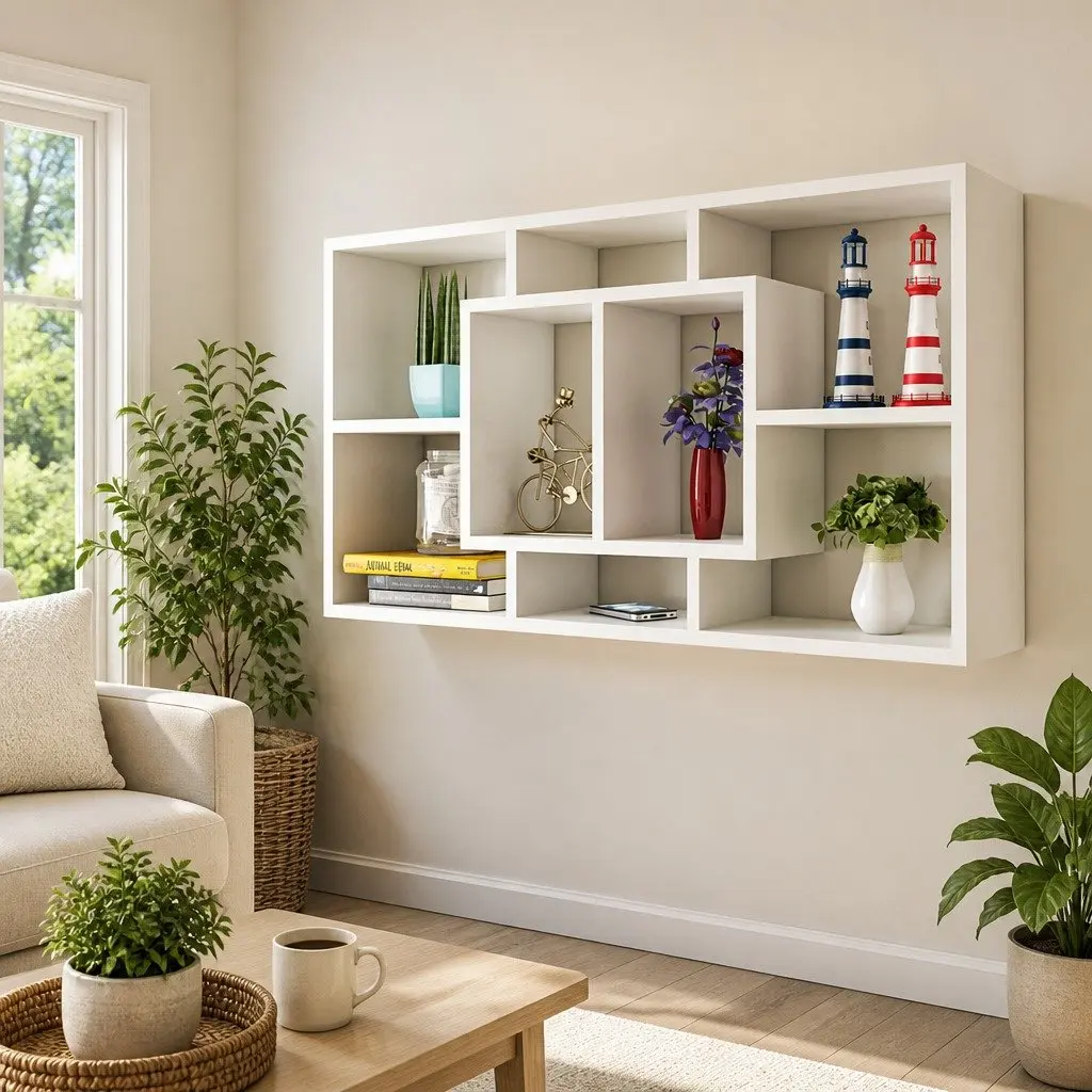 Wall-Mounted Shelf Unit with 8 Open Compartments