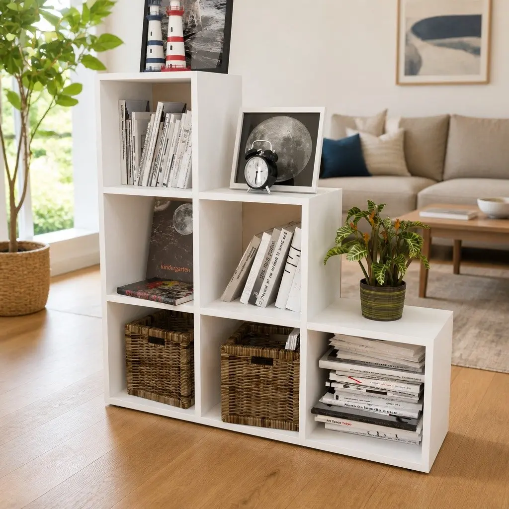Staircase Bookcase for Home 107cm White 6 Compartments Open Display Shelf Unit