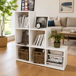 107cm White Staircase Bookcase with 6 Compartments