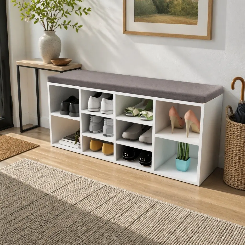 Shoe Storage Bench Entryway 10 Compartments White