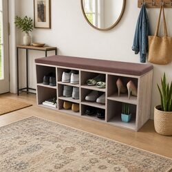 10-Compartment Brown Shoe Storage Bench with Foam-Padding