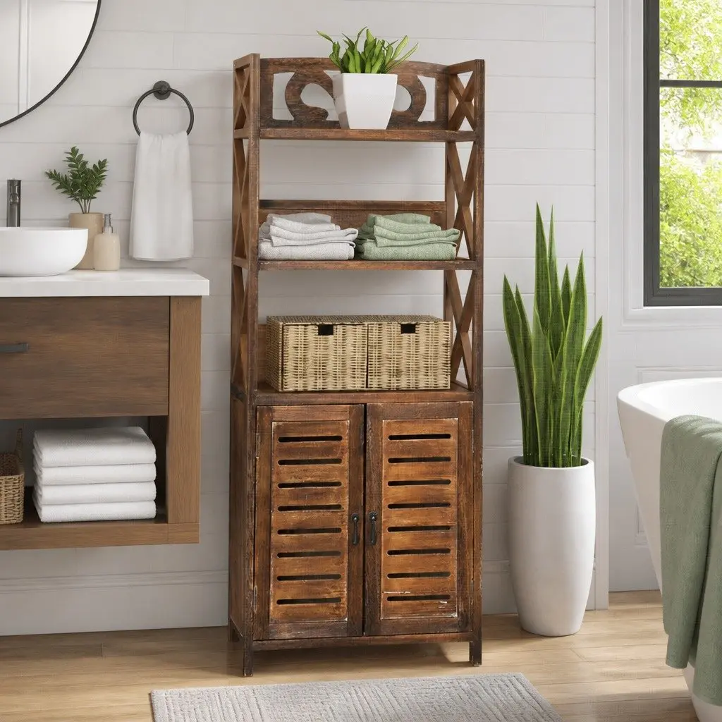 Bathroom Cabinet Storage Cupboard Brown Wood Floor Standing 46x24x117.5cm