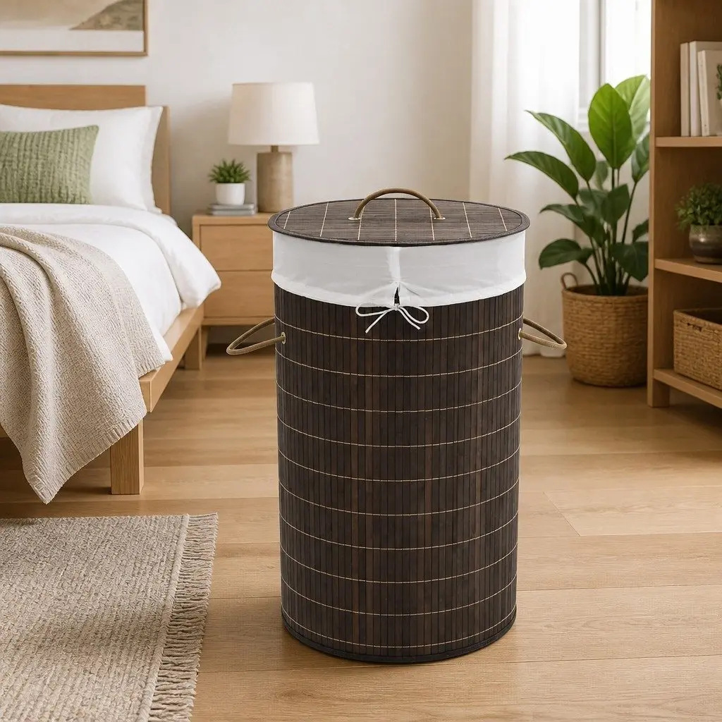 Round Bamboo Laundry Bin with Polyester Liner, Brown