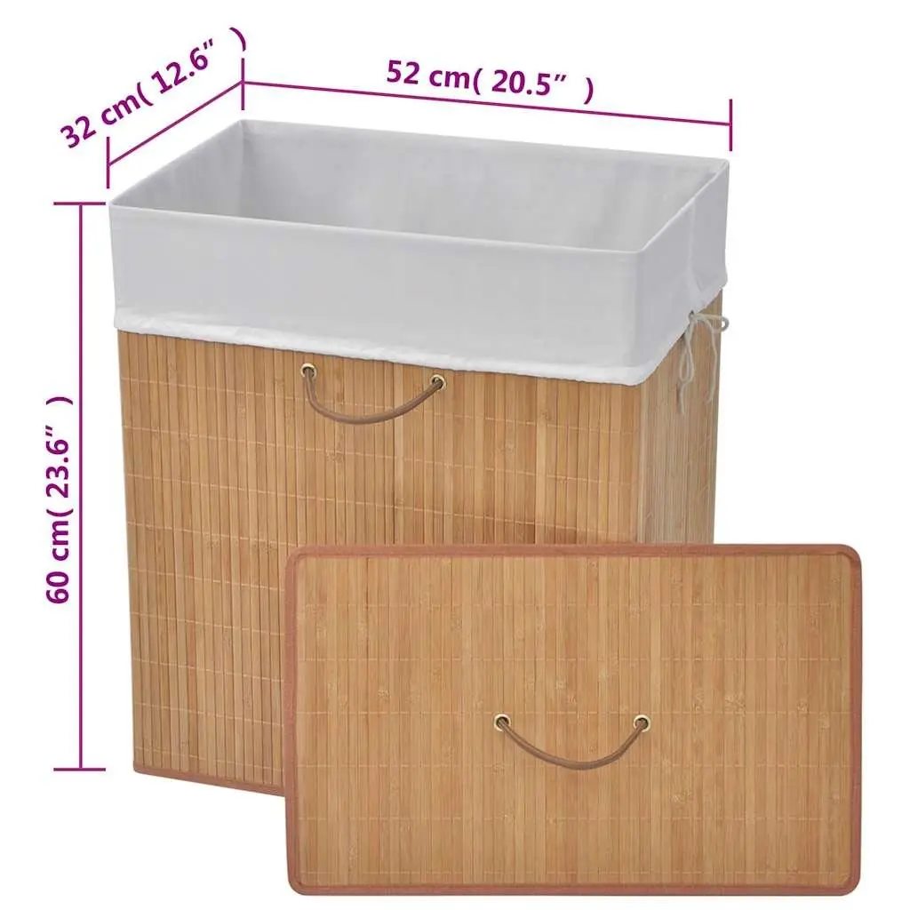 Bamboo Laundry Bin Rectangular Brown Hamper Basket with Handles Removable Liner
