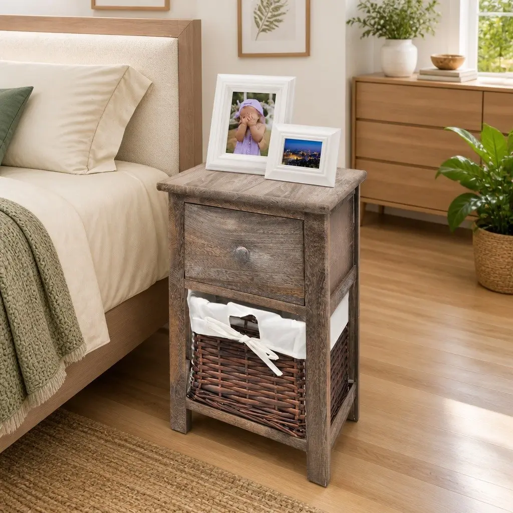 Bedside Cabinet 2 Piece Brown Wood Nightstand Drawer Storage End Table Bedroom