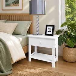 Compact White Wooden Bedside Cabinet with Storage