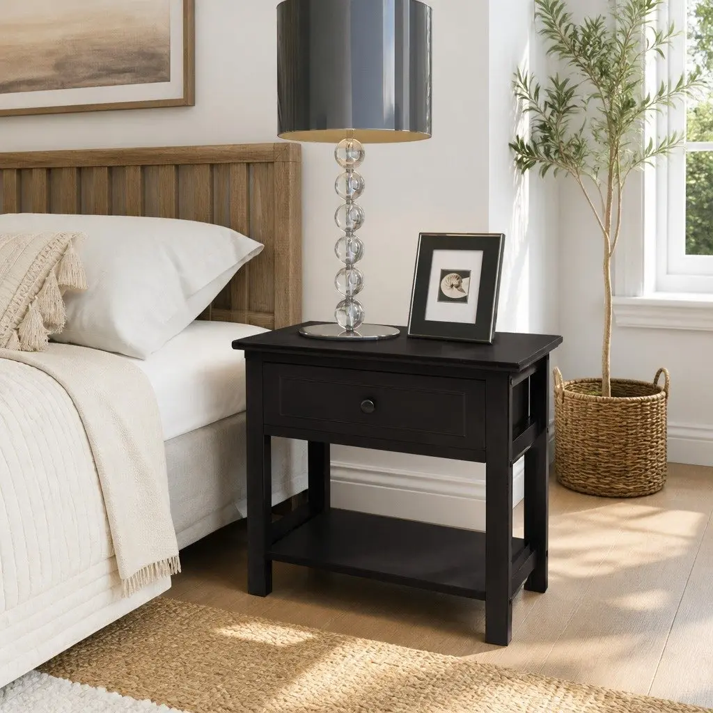 Bedside Cabinet Black Nightstand Drawer Storage Bedroom