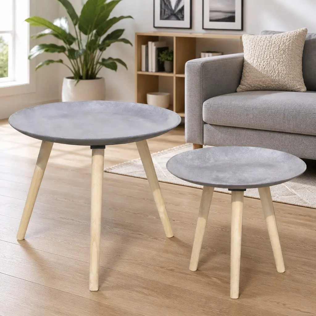 Side Table Set of 2 Round Coffee Tables 55cm & 44cm Concrete Grey Living Room
