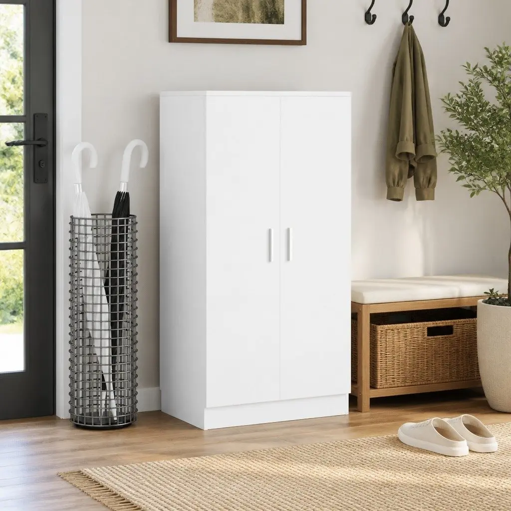Shoe Cabinet Entryway Hall 7 Shelves White Storage Organiser 2 Doors