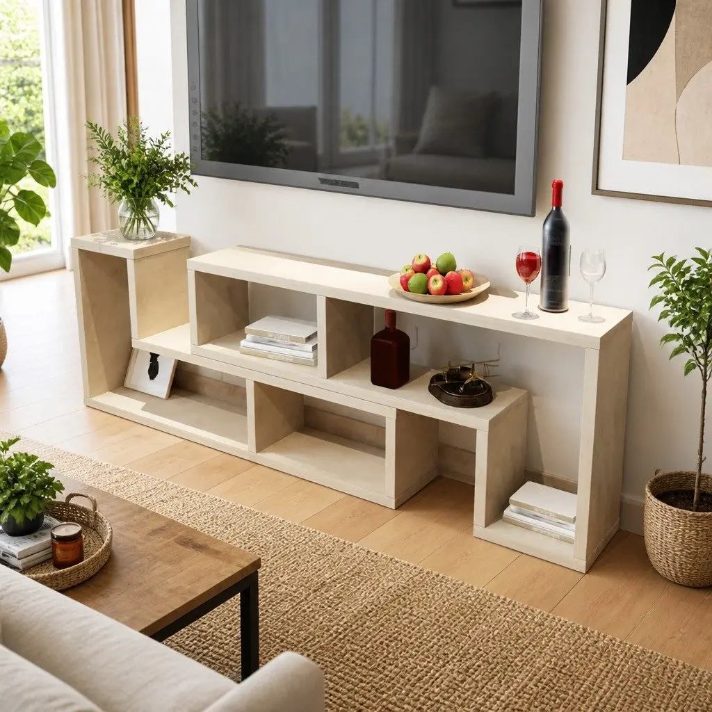 TV Cabinet L-Shaped Shelves Brown Storage Unit Media Entertainment Furniture