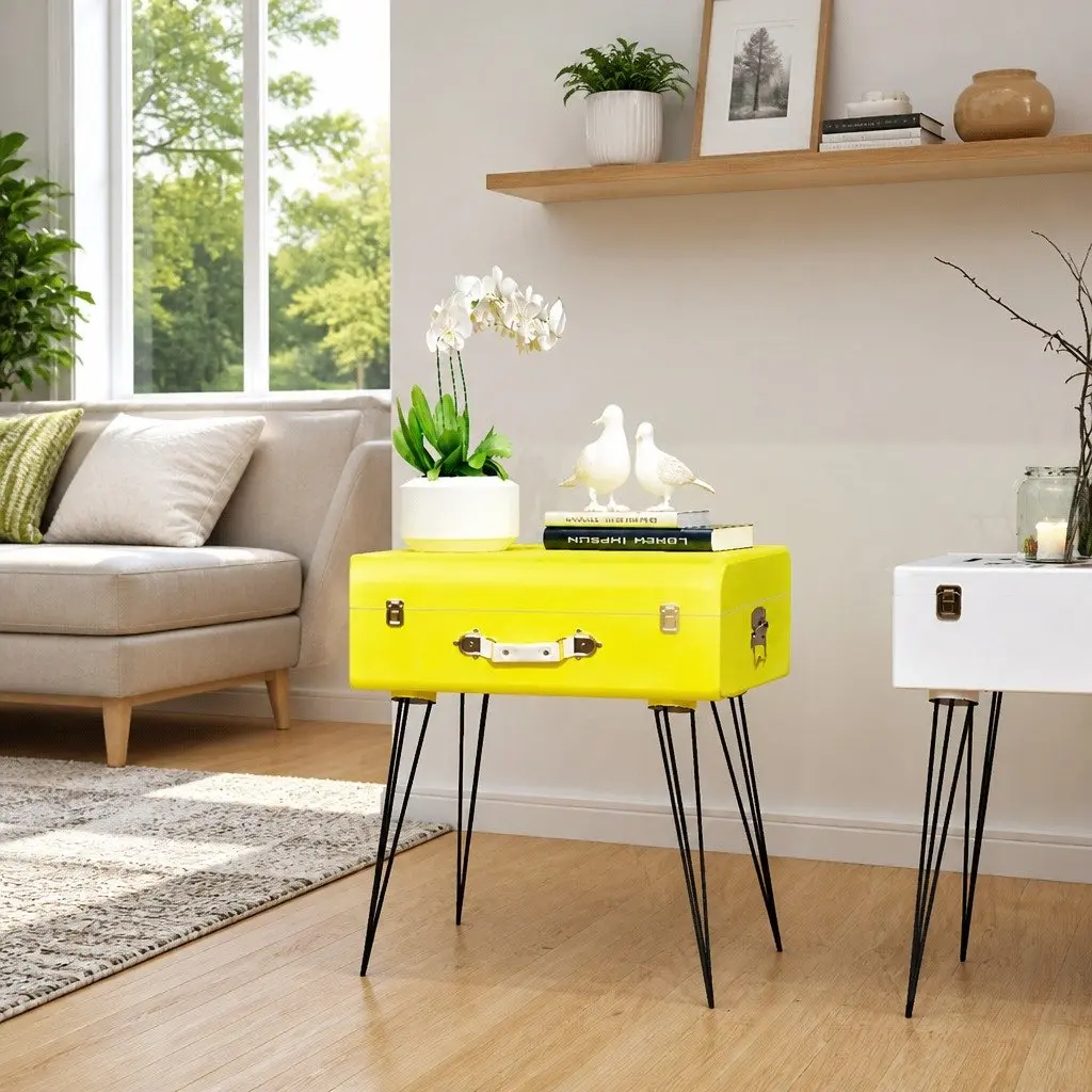 Vintage Suitcase Style Bedside Table Yellow Storage Organiser 49.5 x 36 x 60 cm
