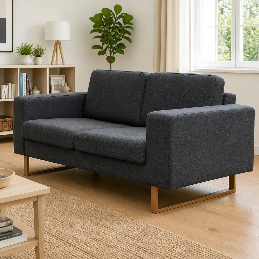 2-Seater Sofa Grey Fabric Couch Living Room Comfortable Padded Cushions Easy