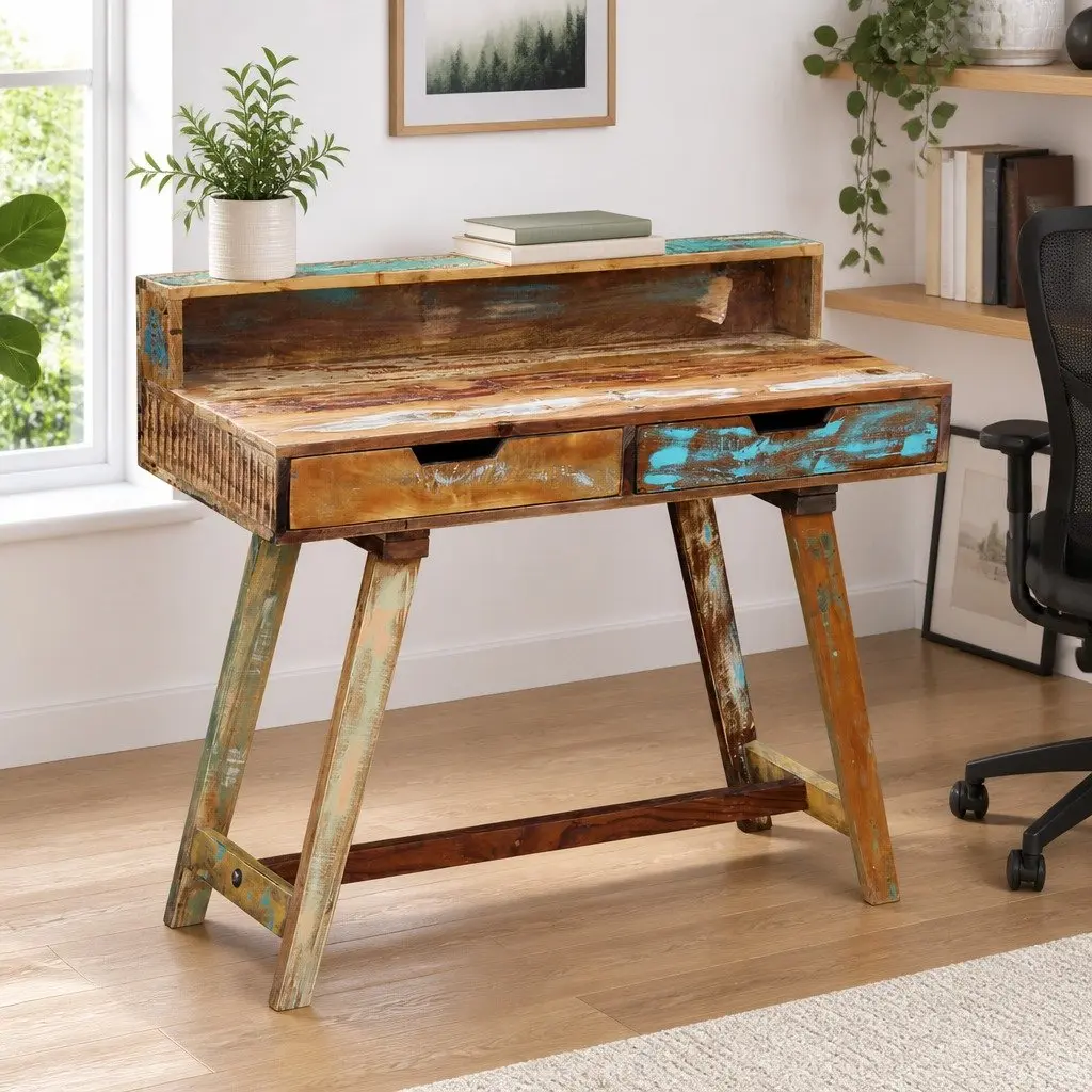 Desk Vintage Style Office Study Computer Table Solid Reclaimed Wood with Drawers
