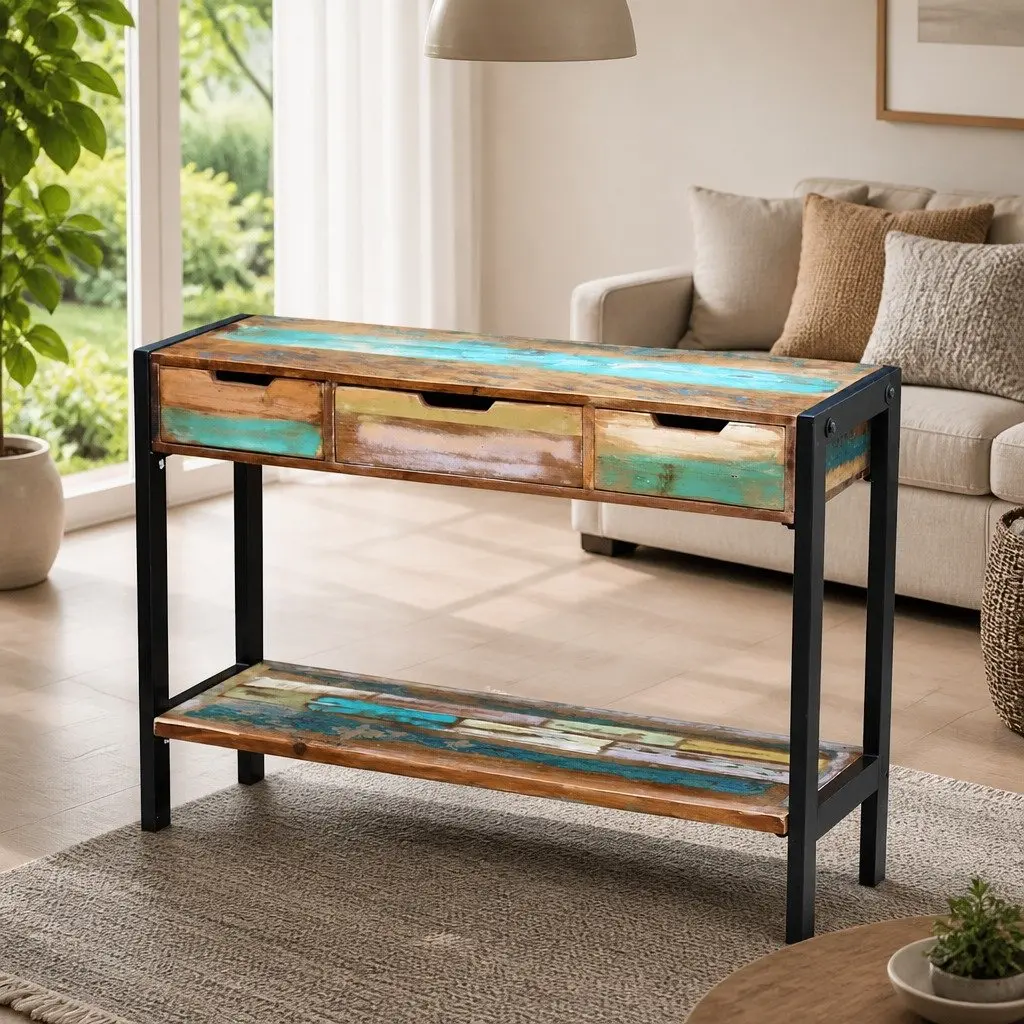 Wooden Sideboard 3 Drawers Solid Reclaimed Wood Storage Cabinet Console Table