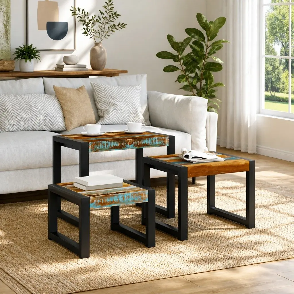 Three Piece Nesting Tables Solid Reclaimed Wood Stackable End Side Coffee
