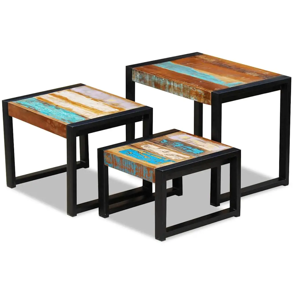Three Piece Nesting Tables Solid Reclaimed Wood Stackable End Side Coffee