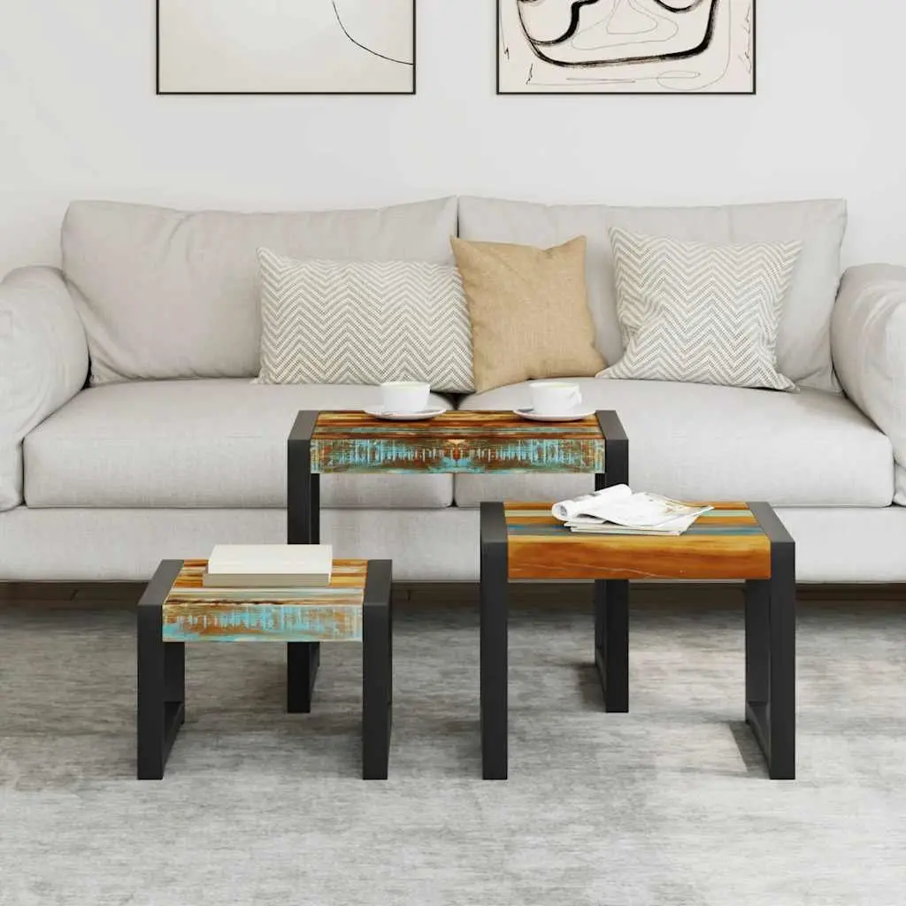 Three Piece Nesting Tables Solid Reclaimed Wood Stackable End Side Coffee
