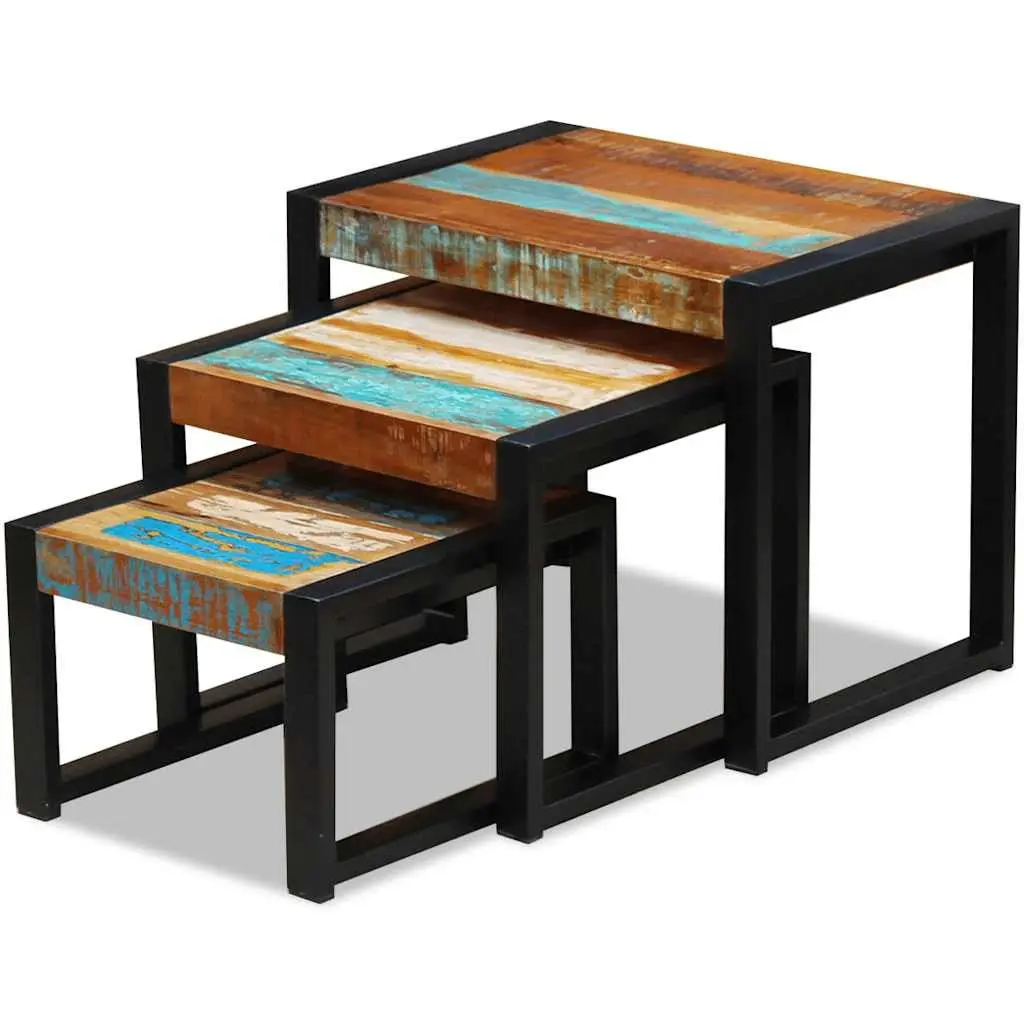 Three Piece Nesting Tables Solid Reclaimed Wood Stackable End Side Coffee