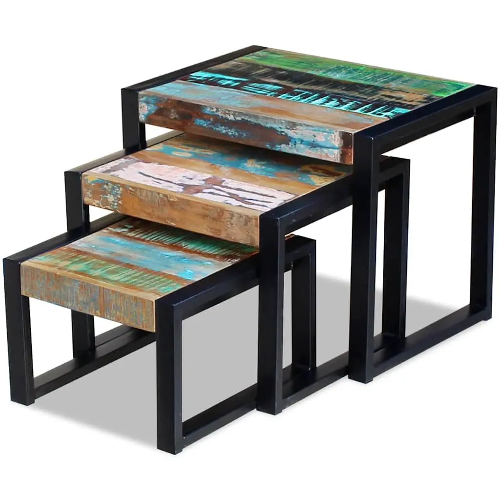 Three Piece Nesting Tables Solid Reclaimed Wood Stackable End Side Coffee