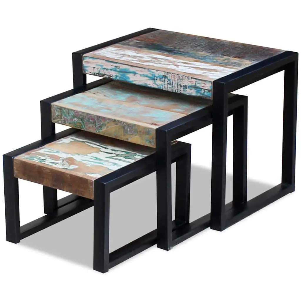 Three Piece Nesting Tables Solid Reclaimed Wood Stackable End Side Coffee