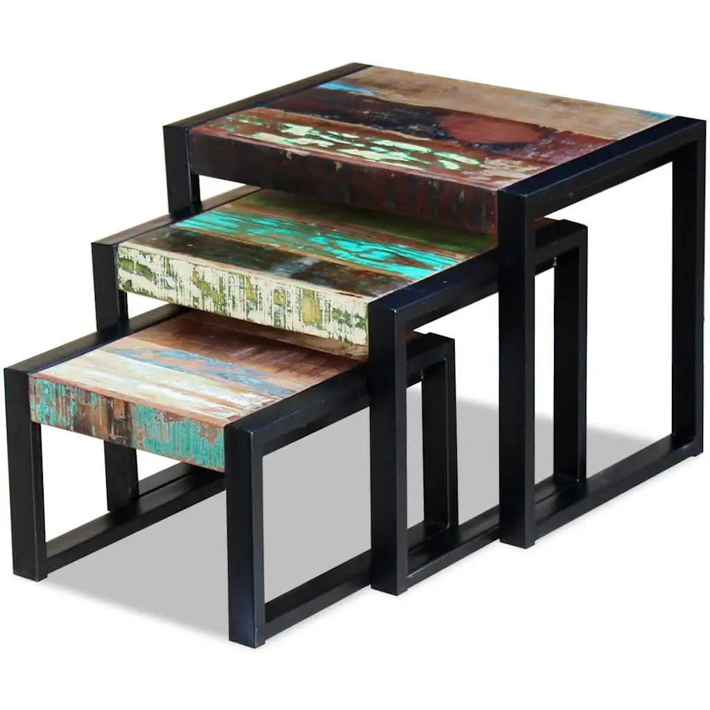 Three Piece Nesting Tables Solid Reclaimed Wood Stackable End Side Coffee