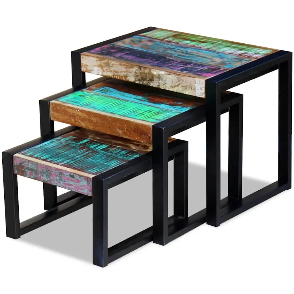 Three Piece Nesting Tables Solid Reclaimed Wood Stackable End Side Coffee