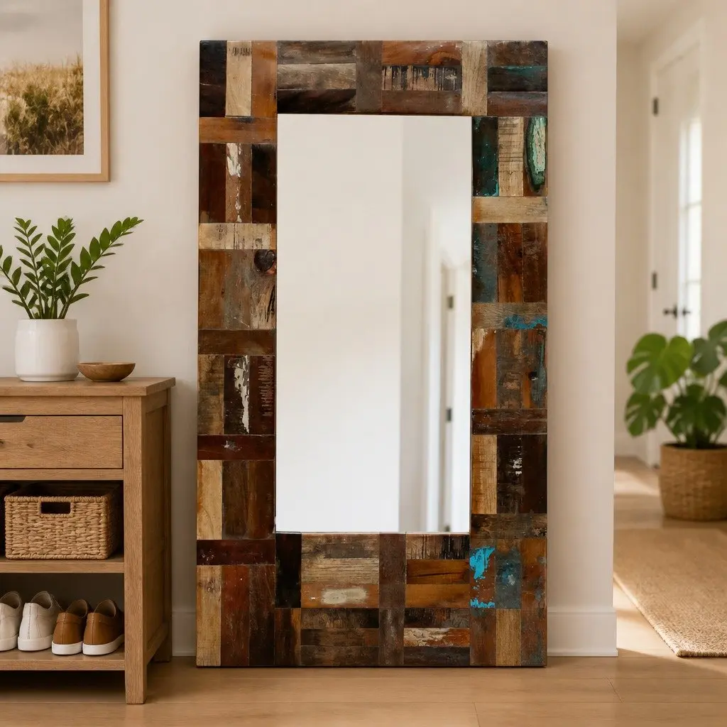 Reclaimed Wood Frame Mirror Handmade Retro Decor Bathroom Bedroom Hall 80 x 50 cm