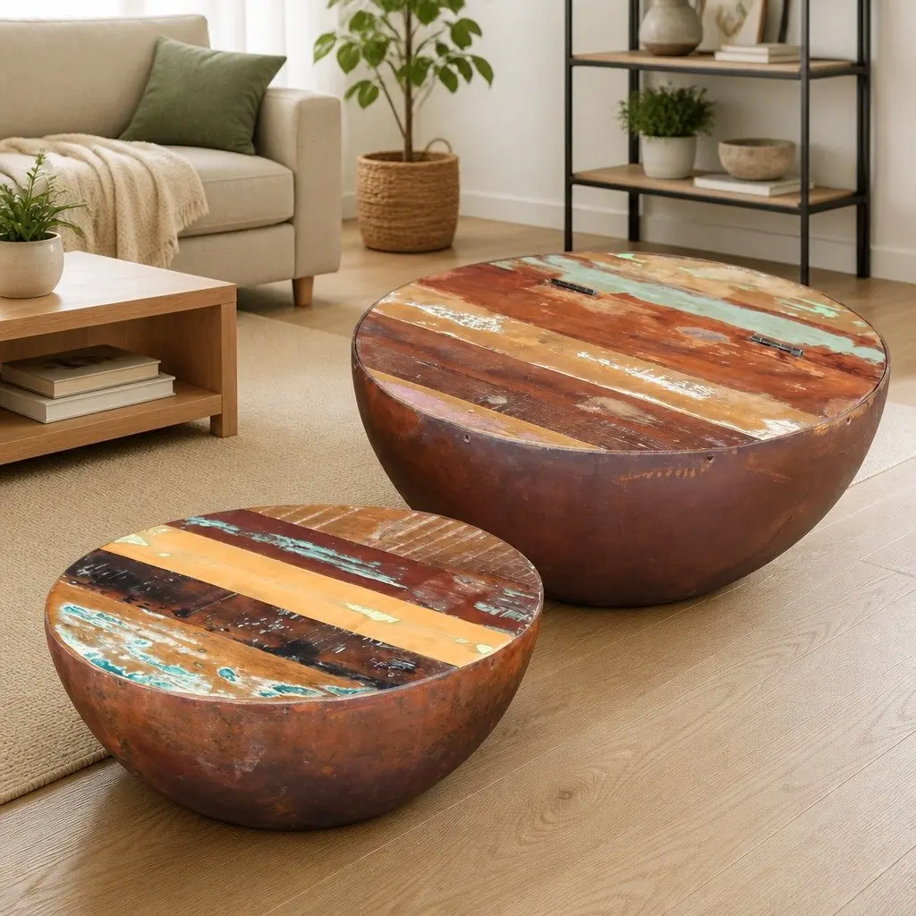 Two Piece Bowl Shaped Coffee Table Set Reclaimed Wood Living Room