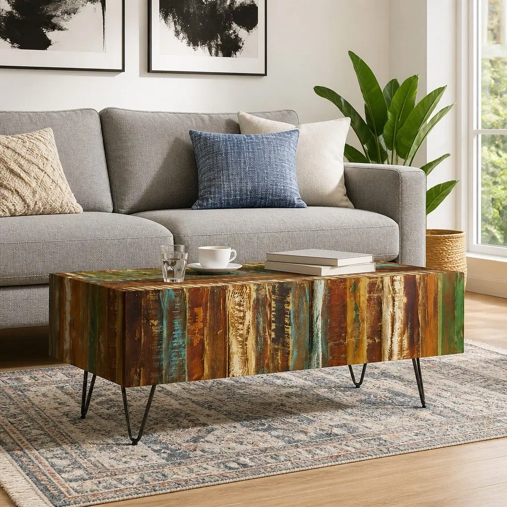 Coffee Table Living Room 100 x 50 x 38 cm Solid Reclaimed Wood Handmade Retro