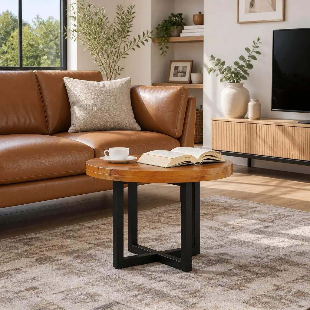 Coffee Table Round Tabletop Living Room 60 cm Teak Mango Wood Resin Rustic Accent