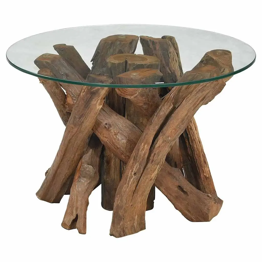 Coffee Table Solid Teak Base Tempered Glass Top Handmade Rustic 60cm Brown