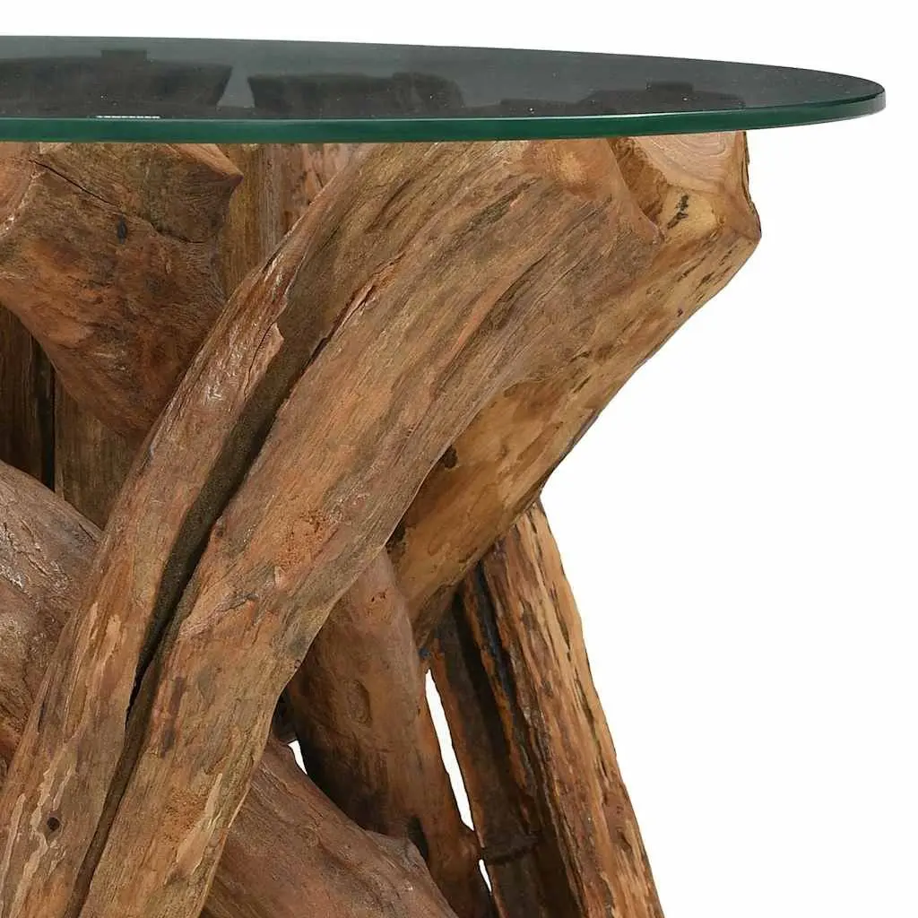 Coffee Table Solid Teak Base Tempered Glass Top Handmade Rustic 60cm Brown