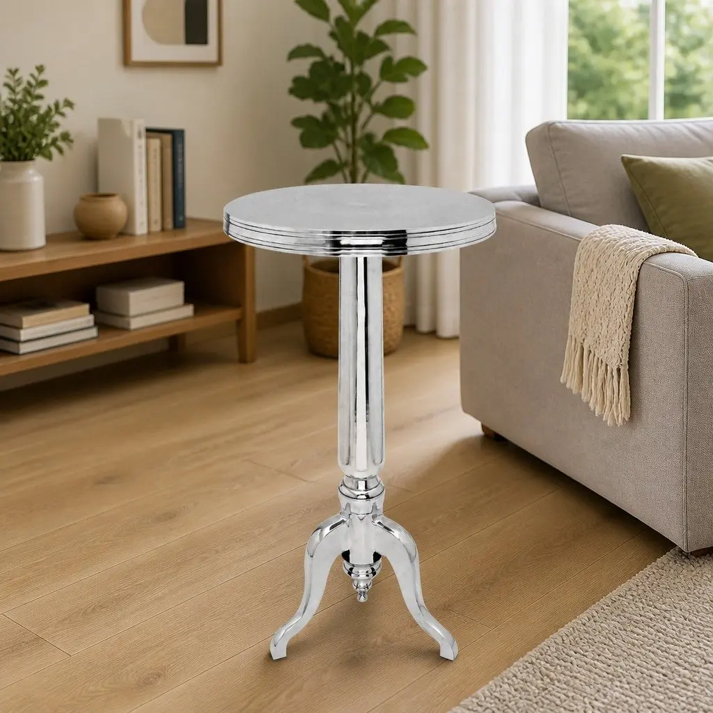 Round Side Table with Aluminium Frame and Silver Finish