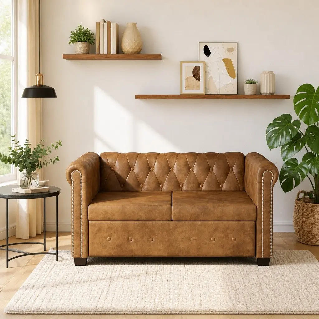 Chesterfield Sofa Living Room Brown Artificial Leather 2-Seater