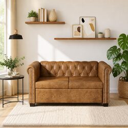 2-Seater Chesterfield Sofa: Brown Faux Leather Comfort