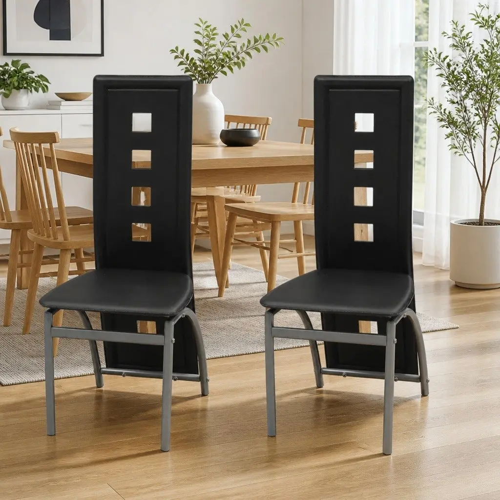 Dining Chairs Set of 2 Black Faux Leather Kitchen Room High Backrest
