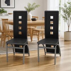 Dining Chairs Set of 2: Black Faux Leather, Steel Frame