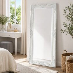 Bevelled Edge Wall Mirror with Ornate White Frame