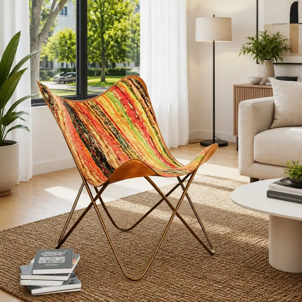 Butterfly Chair Multicolour Chindi Fabric Relaxation Lounge Seat
