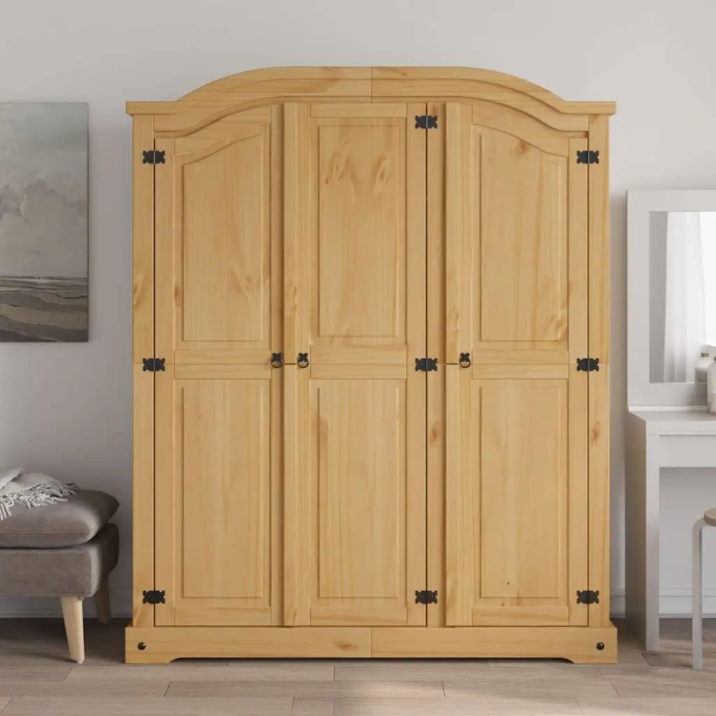 Wooden Wardrobe Cabinet for Bedroom 3 Door Brown Pine Armoire Storage Cupboard