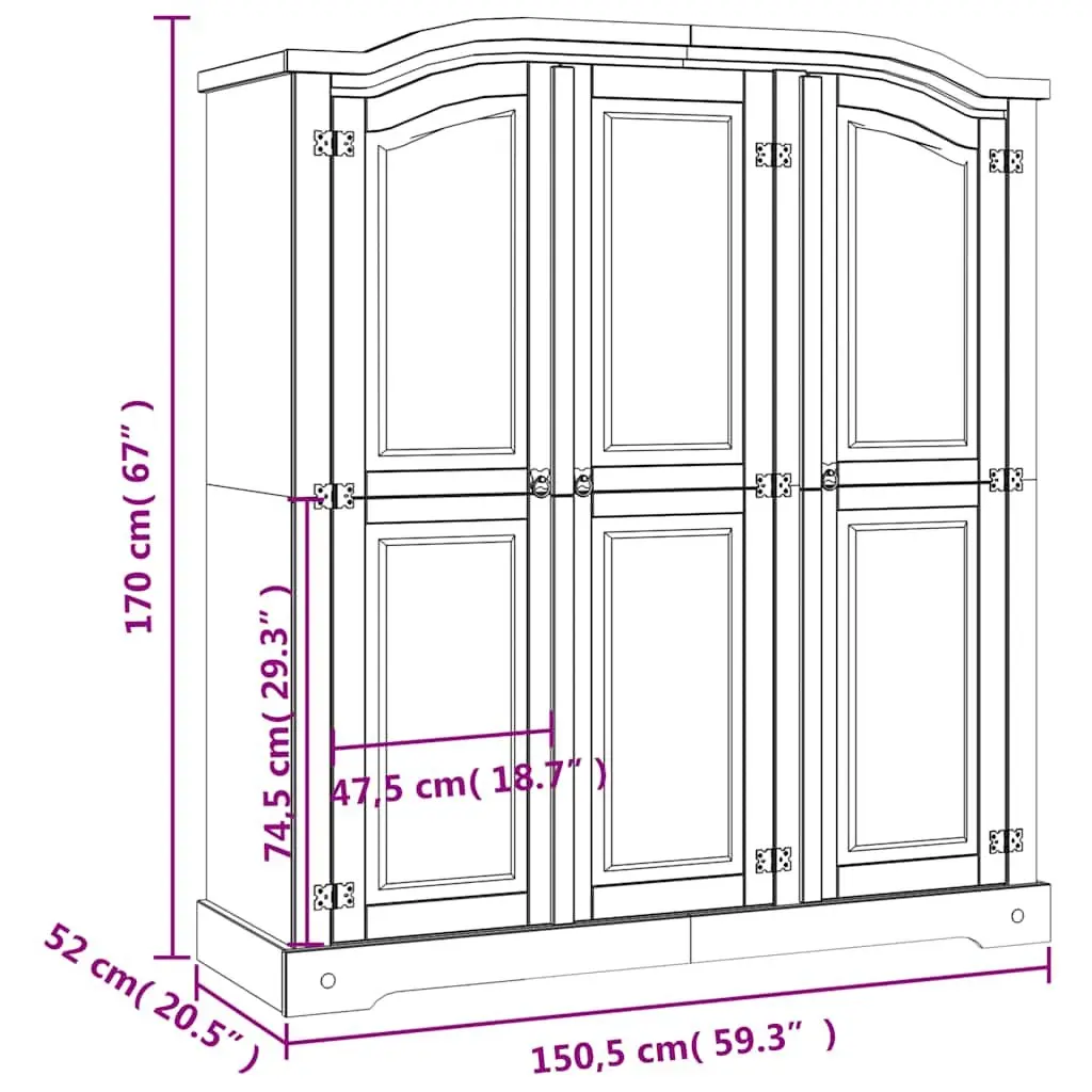 Wooden Wardrobe Cabinet for Bedroom 3 Door Brown Pine Armoire Storage Cupboard